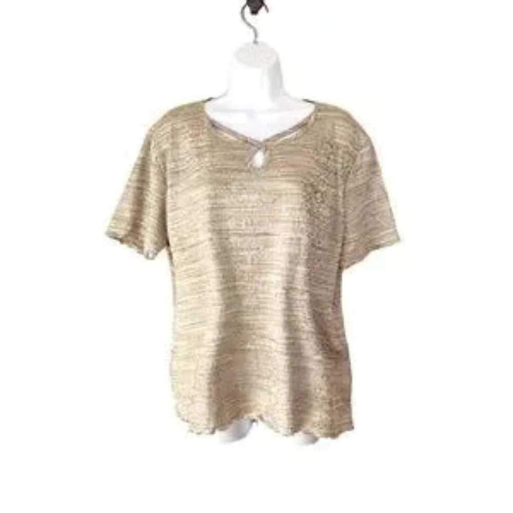 Alfred Dunner Iridescent Gold Top Shirt Floral Keyhole Neck (1)